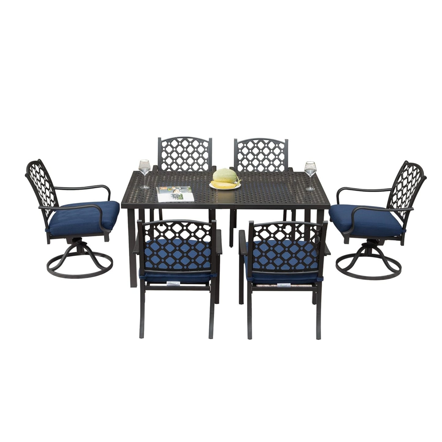 Outdoor 7 Pcs Patio Dining Set, Metal Dining Table, Swivel And Dining Chairs Conversation Set With Removable Navy Blue Cushions For Garden Lawn Yard