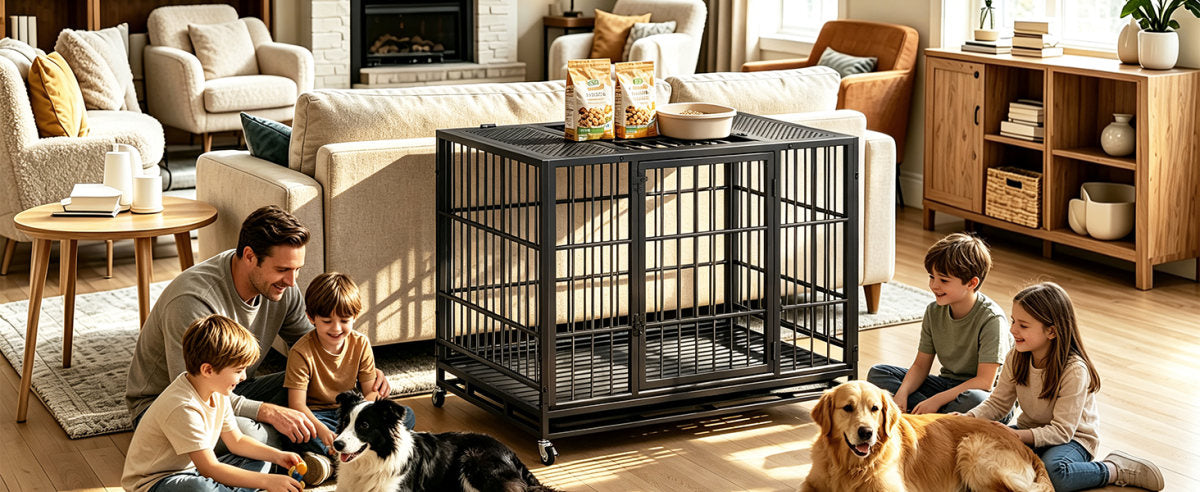 Heavy Duty Dog Crate , Mobile Pet Kennel with Lockable Wheels & Rotary Twist-Latch, Indoor Outdoor Metal Cage with Perforated Top