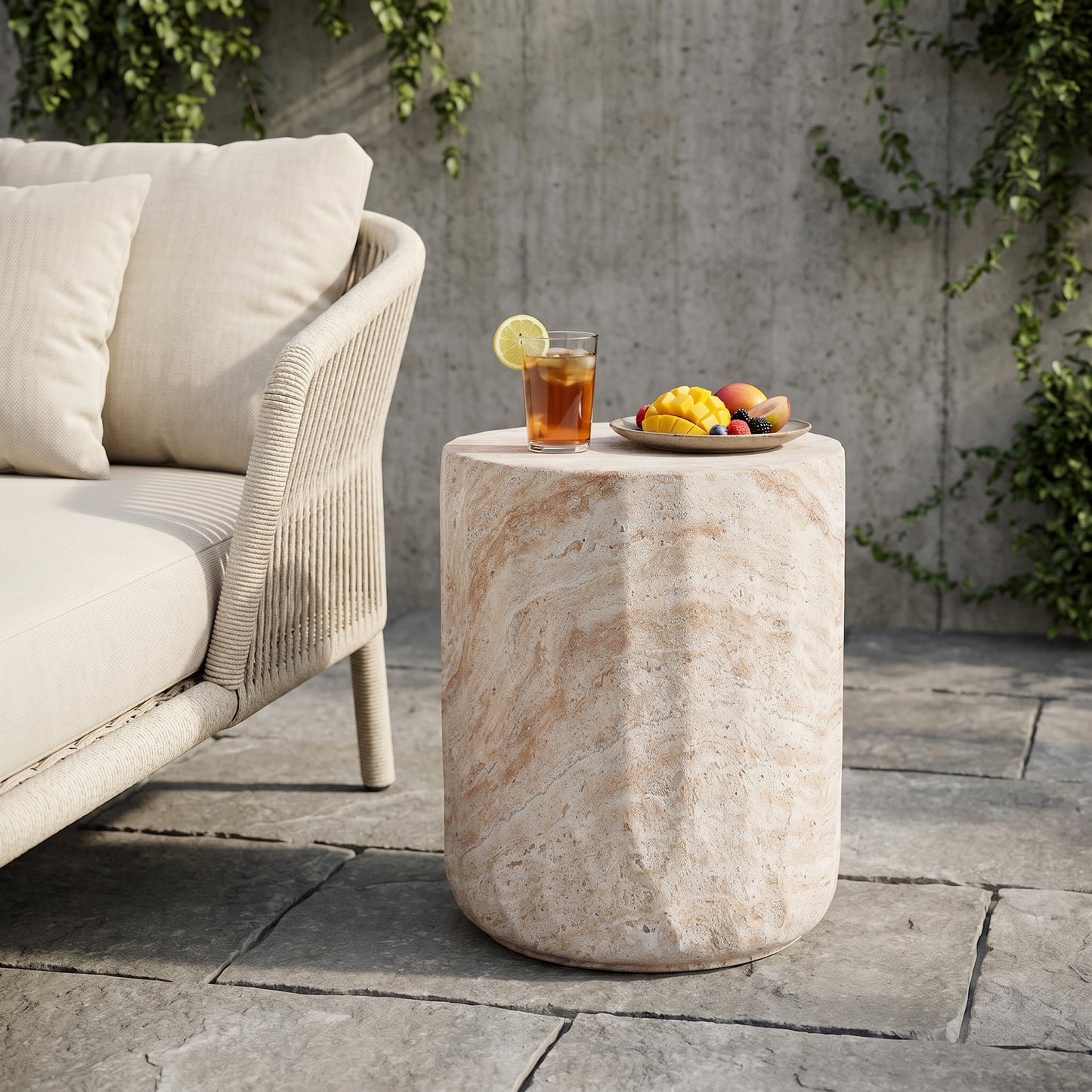 Outdoor Indoor Lightweight Concrete Side Table,Cylinder Travertine Finish Accent Table