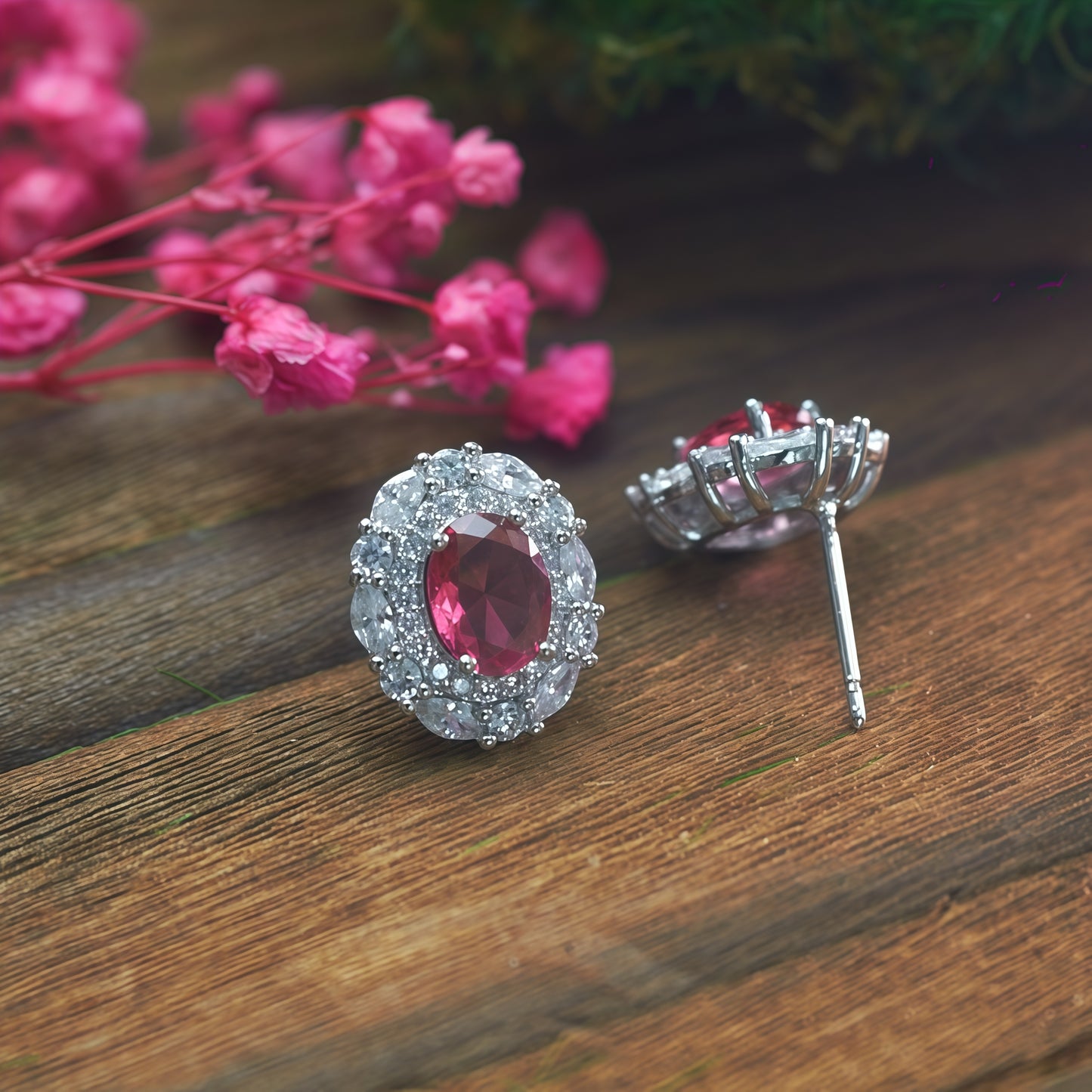Oval Cut Hot  Ruby CZ Double Halo Stud Earrings For Women, Copper Silver Plated Pear & Round White Crystal Vintage Bridal Wedding Statement Jewelry Gift