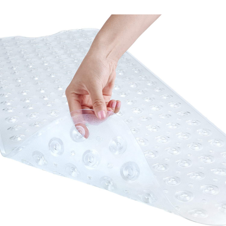 Bath And Shower Safety Mats 40x16 Inch, Non Slip With Suction Cups For Bathroom Stall And Tub Floor, Extra Large And Machine Washable, Drain Holes Keep Bathtub Clean, Clear