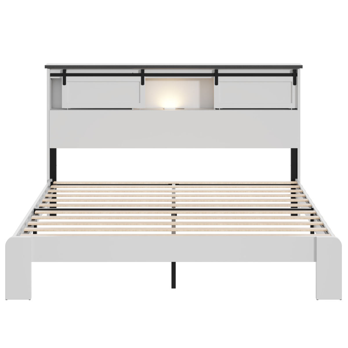 Queen Metal Bed Frame With Charging Station, No Box Spring, White