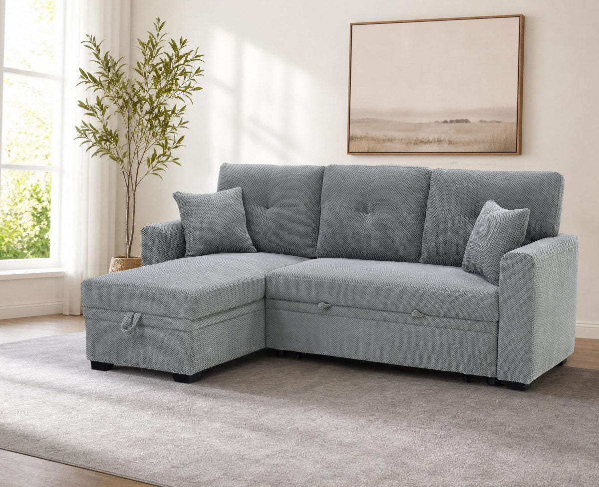 Sleeper Sofa, Sectional with Pull-Out Bed, Reversible Chaise, Storage Sectional,  Light Gray breathable  fabric, Small Space Solution, Convertible Sofa Bed, Living Room Furniture, L-Shaped Sofa