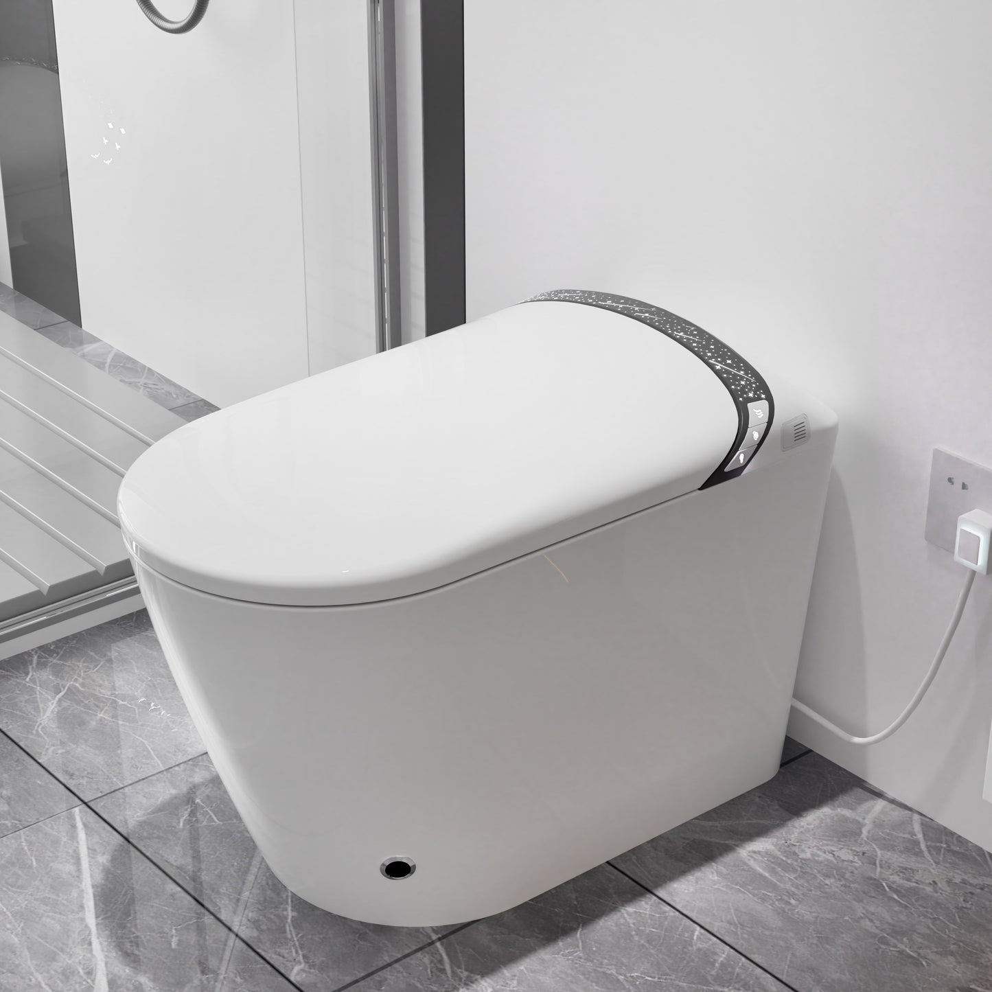 Elongated Smart Toilet With Bidet Built In,Tankless Design For Bathroom, Auto Open Close Seat, Foot Kick, LED Display,Night Light, Warm Water & Dryer,White
