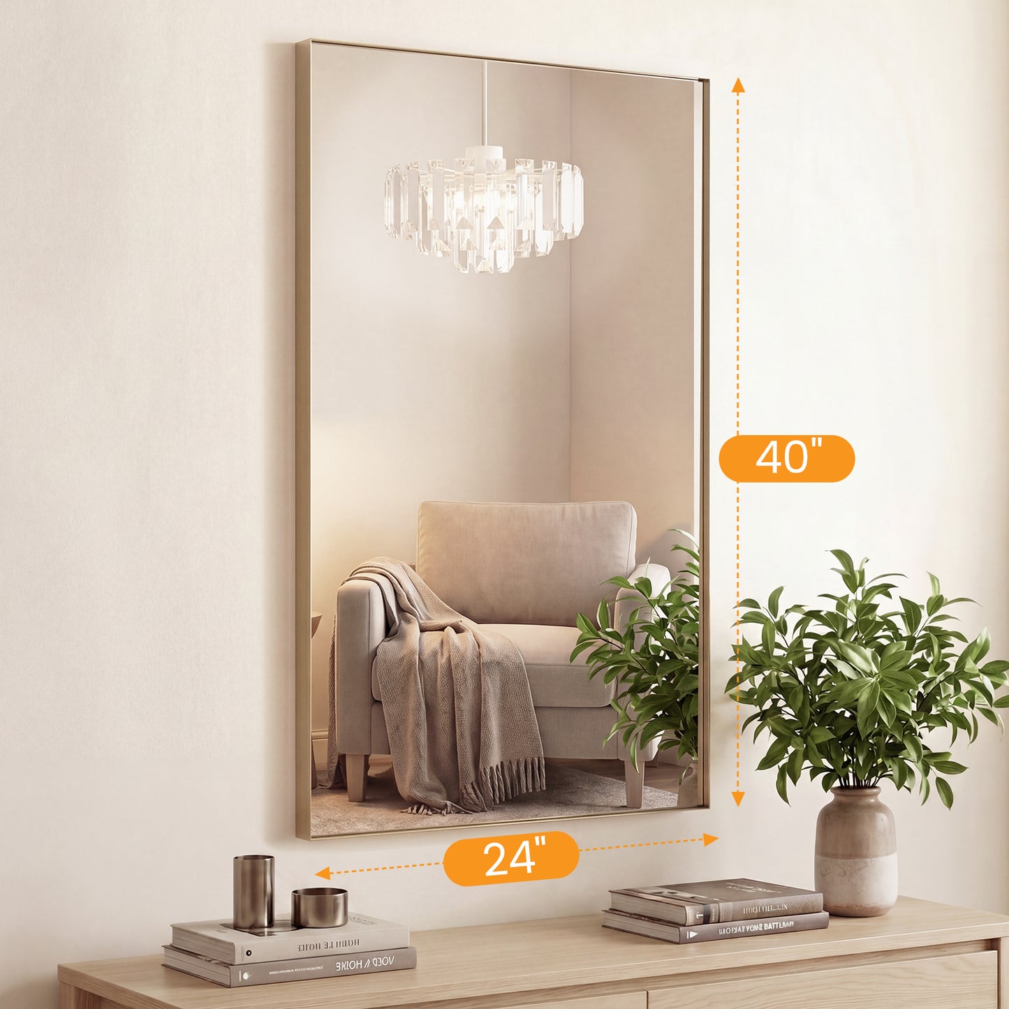 Bathroom Mirror, With Brushed Aluminum Frame, Rectangular Design, Square Corners At All Four Sides, Suitable For Wall Decoration In Home.