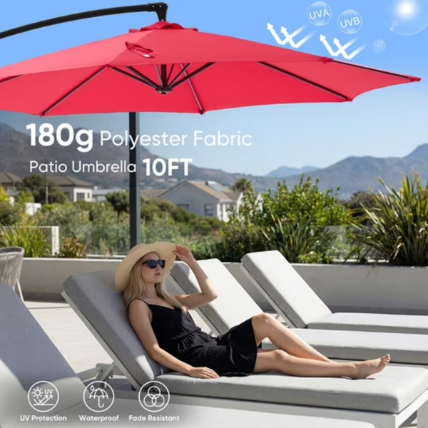 10ft Offset Hanging Outdoor Patio Umbrella With Base Stand Rotate And Tilt, 8 Ribs, UV Protection For Pool Garden Backyard Market, Red  Shipment From Walmart