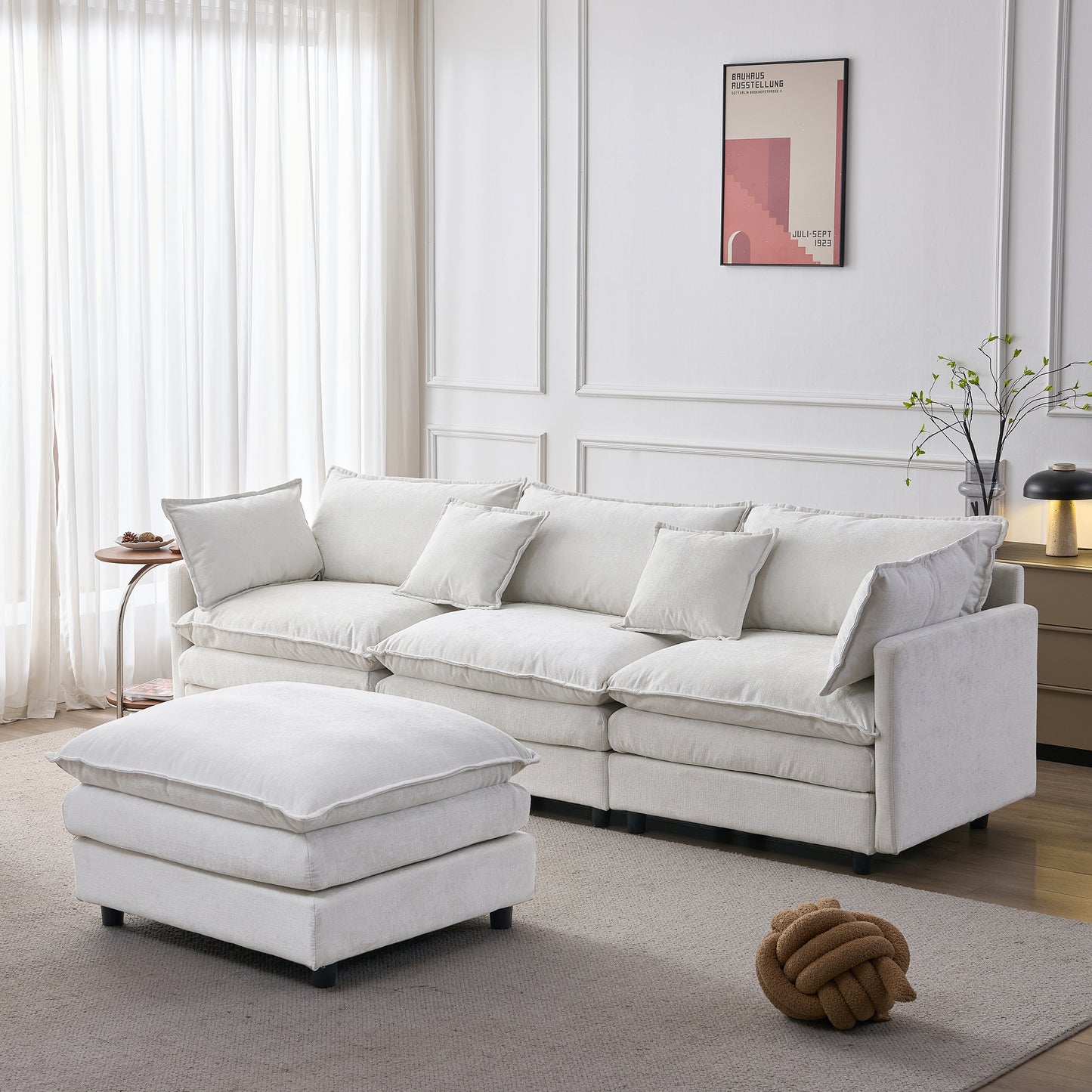 Premium Chenille Modular Corner Sofa  3 Seater With Chaise Lounge & Stool, Comfortable L-Sofa For Small Apartments, Living Room & Lounge, Breathable Family Seating Comfort