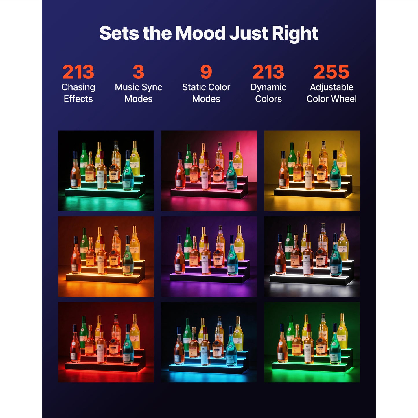 LED Lighted Liquor Bottle Display, 3 Tiers 24 Inches, Supports USB, Acrylic Illuminated Home Bar Shelf Display With RF Remote & App Control, 9 Static Colors, Timing Mode, For 18-24 Bottles
