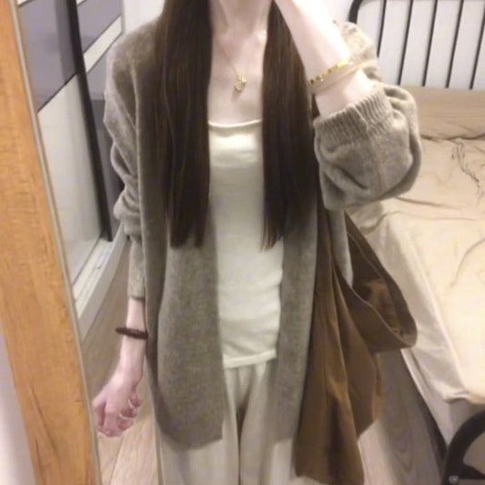 Korean-style Cozy Oatmeal-colored Knit Cardigan For Women