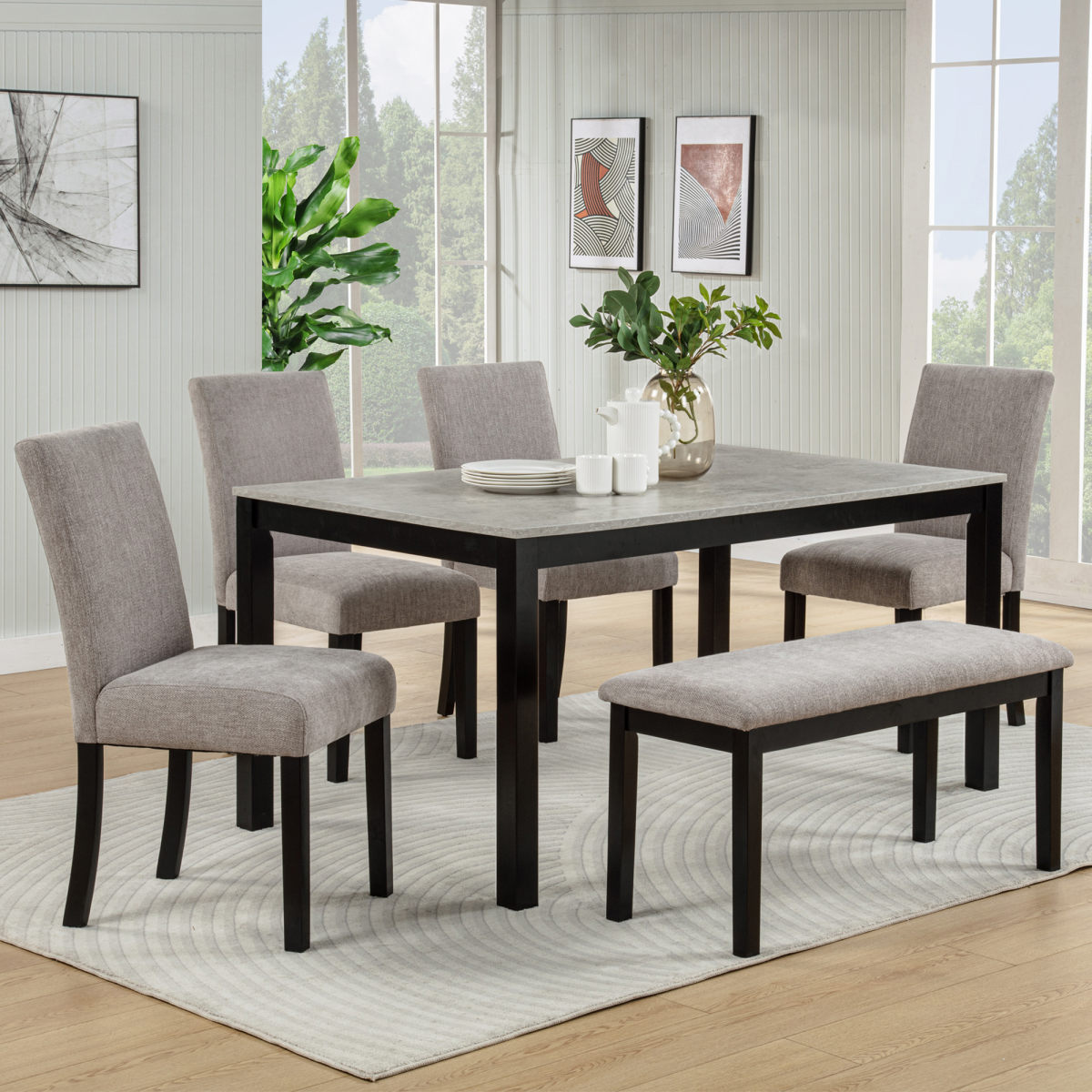 6-Piece Dining Table Set with Bench, Solid Wood Kitchen Table with Concrete-Effect Melamine Tabletop and 4 Upholstered Chairs for Dining Room, Kitchen, Restaurant, Grey & Black