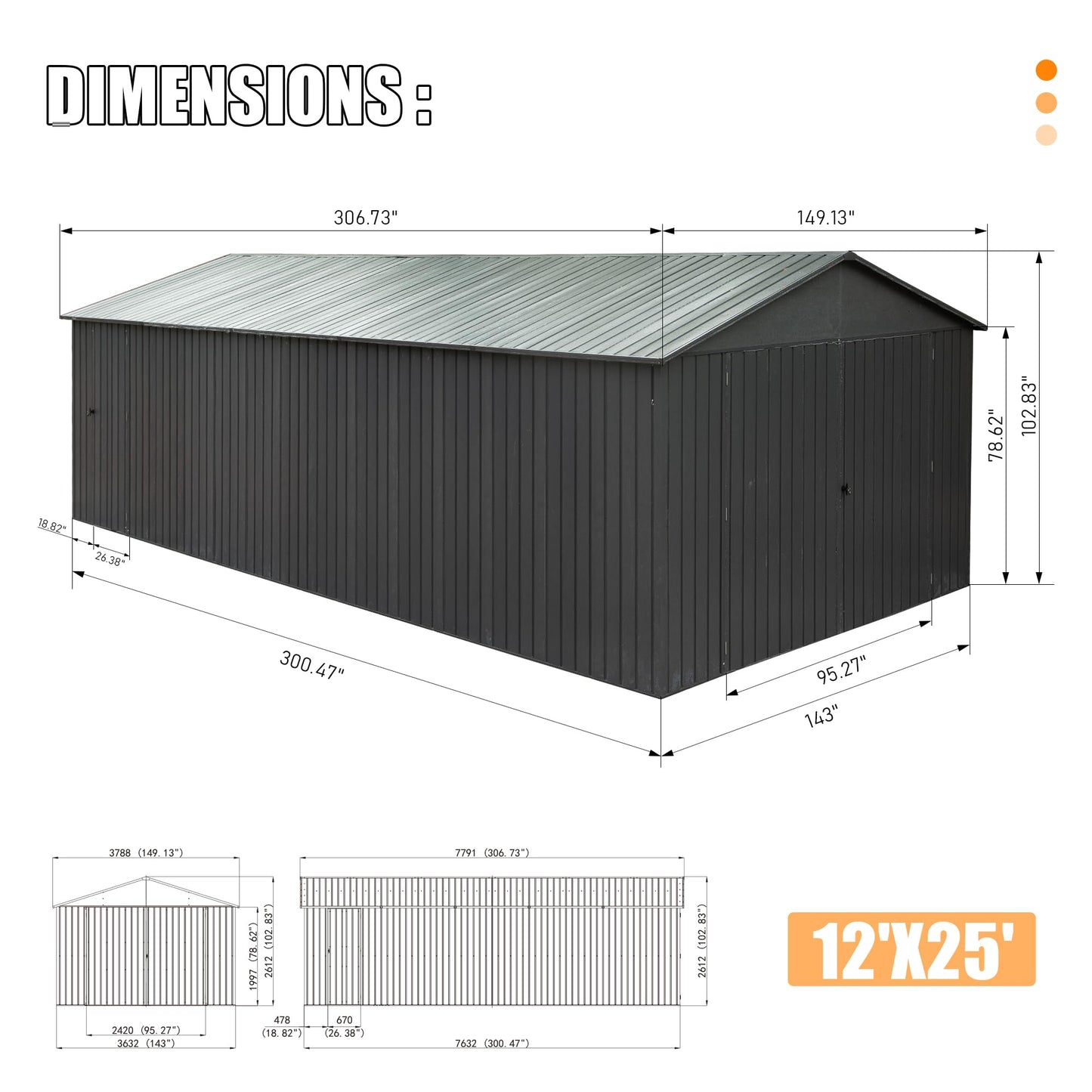 12x25FT Outdoor Metal Garage Shed, Extra Large Metal Carport With Lockable Double Hinged Doors, Heavy Duty Car Shelter For Car, Truck, Motorcycle And Lawn Equipment, Dark Grey