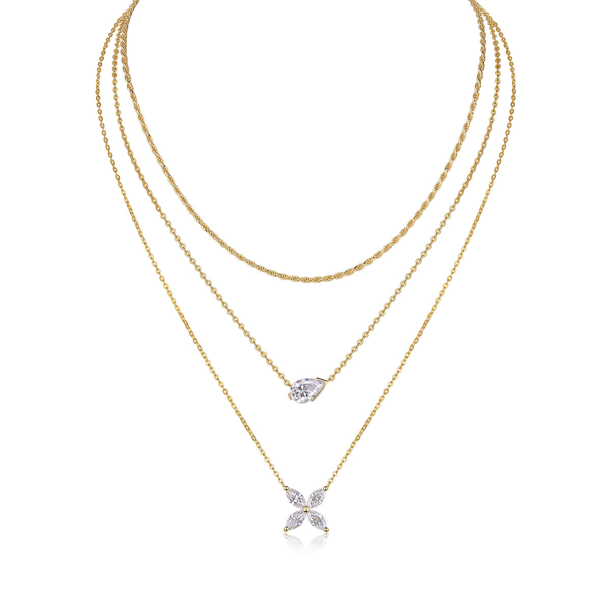 S925 Silver Gold Plated Layered Necklace, 7x11mm Pear D-VVS1 Moissanite, 10.8g Triple Chain Fine Jewelry With GRA Certificate Gift Box