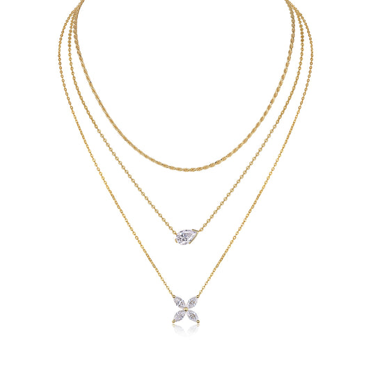 S925 Silver Gold Plated Layered Necklace, 7x11mm Pear D-VVS1 Moissanite, 10.8g Triple Chain Fine Jewelry With GRA Certificate Gift Box