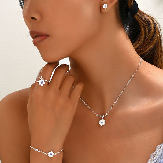 Ins Gentle Japanese Korean Style Women Jewelry Set, Cubic Zirconia Inlaid Cherry Blossom Design Long Necklace Ring Earrings Matching Accessories
