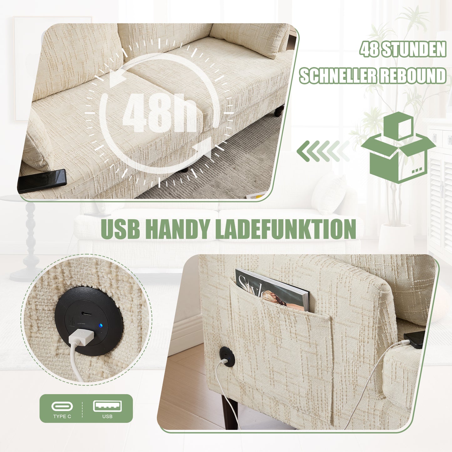 Modern 2-Seater Chenille Sofa With Wooden Legs, LED Light, USB Charging Port And Storage Bag Living Room-Bedroom-Study  Beige Chenille