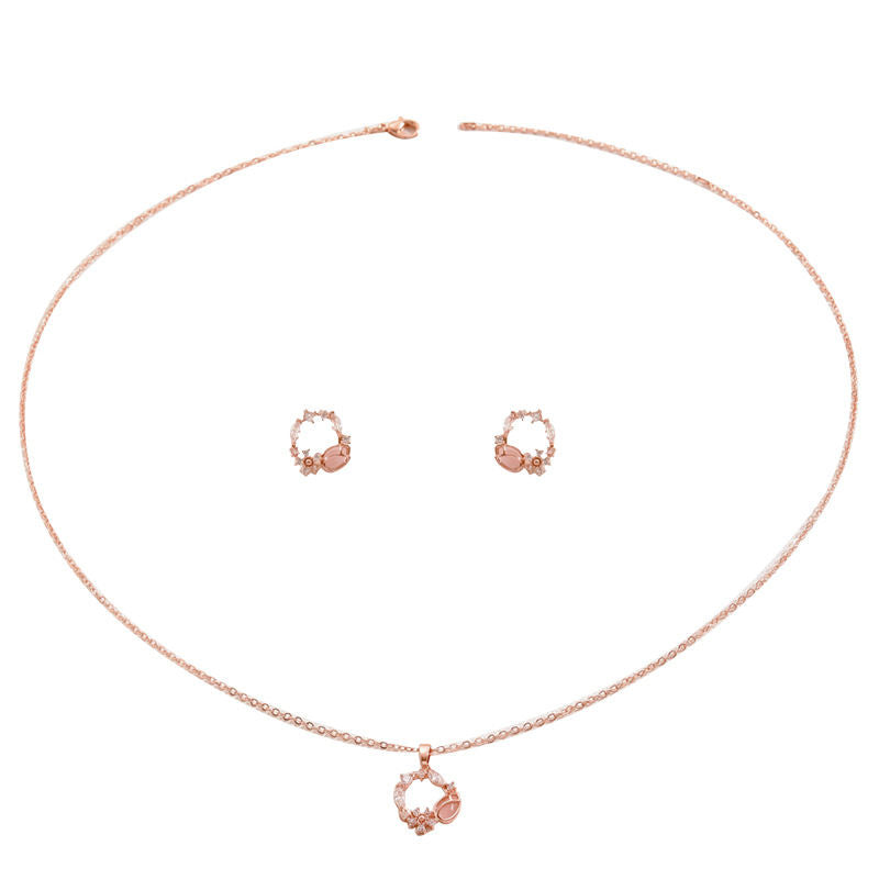 Korean SoftSweet Jewelry Set, Minimal Cubic Zirconia Inlaid Stud Earrings & Niche Design Clavicle Necklace For Women