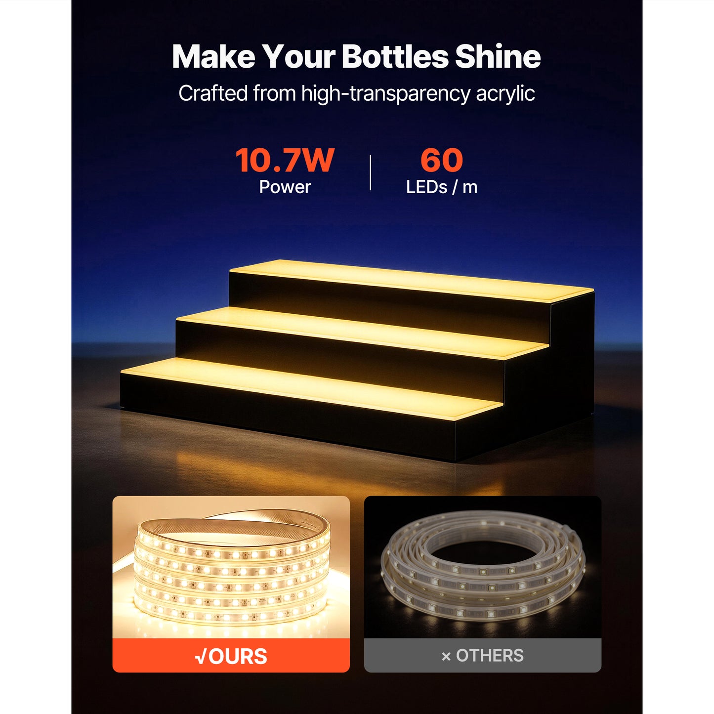 LED Lighted Liquor Bottle Display, 3 Tiers 24 Inches, Supports USB, Acrylic Illuminated Home Bar Shelf Display With RF Remote & App Control, 9 Static Colors, Timing Mode, For 18-24 Bottles