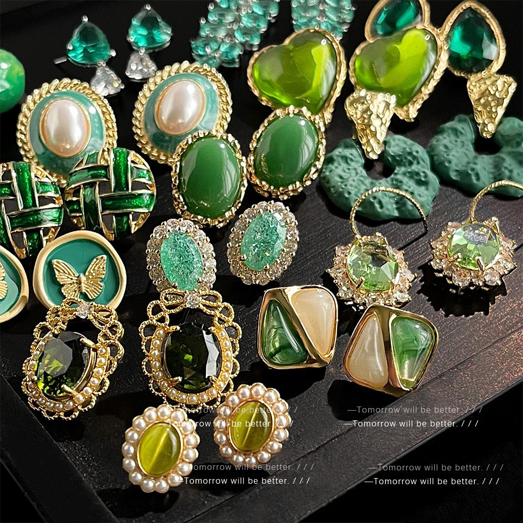 Retro French Emerald Zircon Stud Earrings Women Victorian Style Premium Earrings Vintage Fine Jewelry