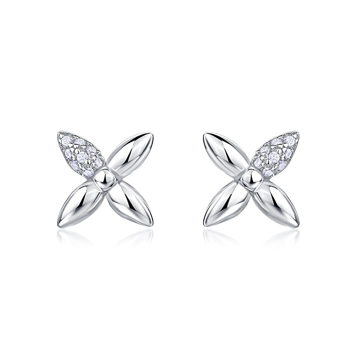 S925 Sterling Silver Four Leaf Stud Earrings, D-VVS1 Moissanite Pave Petal, Platinum Plated 2.1g Elegant Women's Jewelry Gift Box