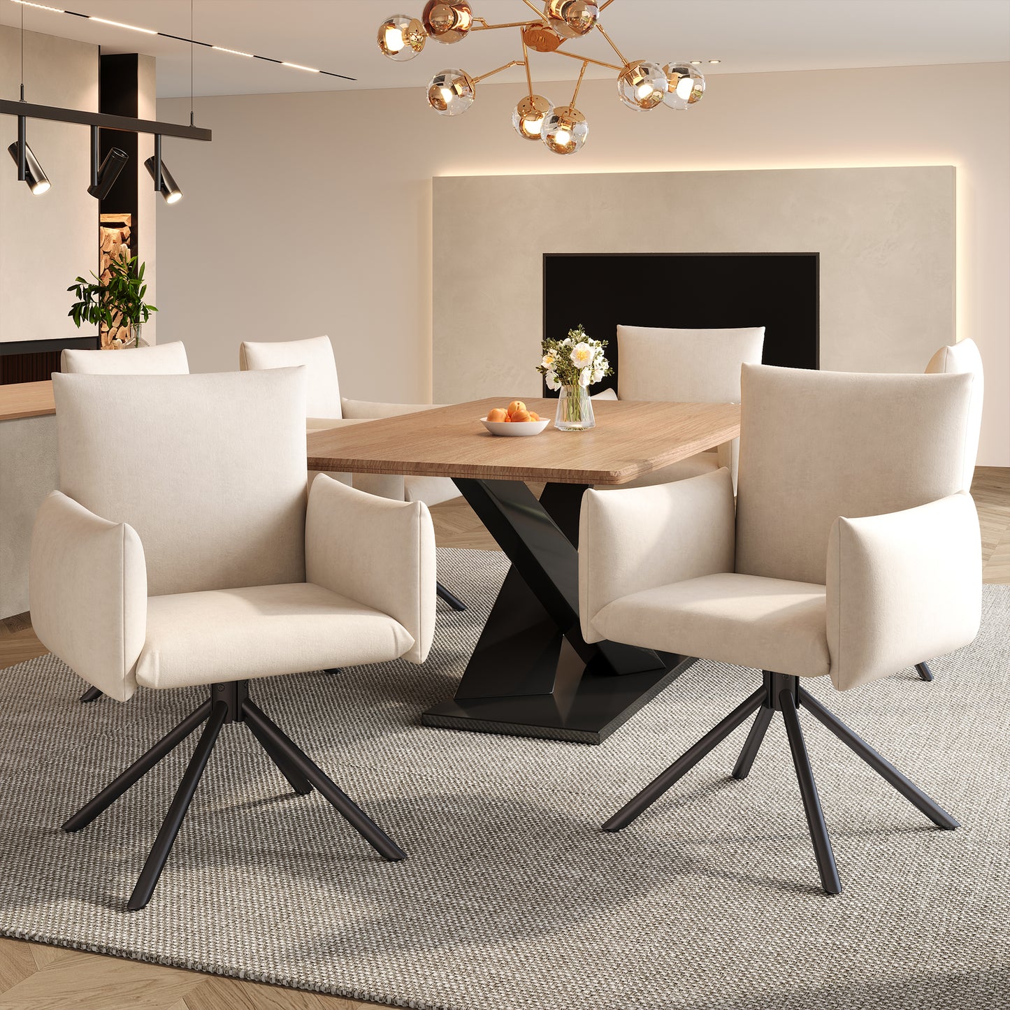 Set Of 6 Dining Chairs, Upholstered Armchair With 4 Metal Legs, 360 Casual Swivel Chair, Living Room Bedroom Chair, Work And Desk Chair, Lumbar Support, Velvet, Beige