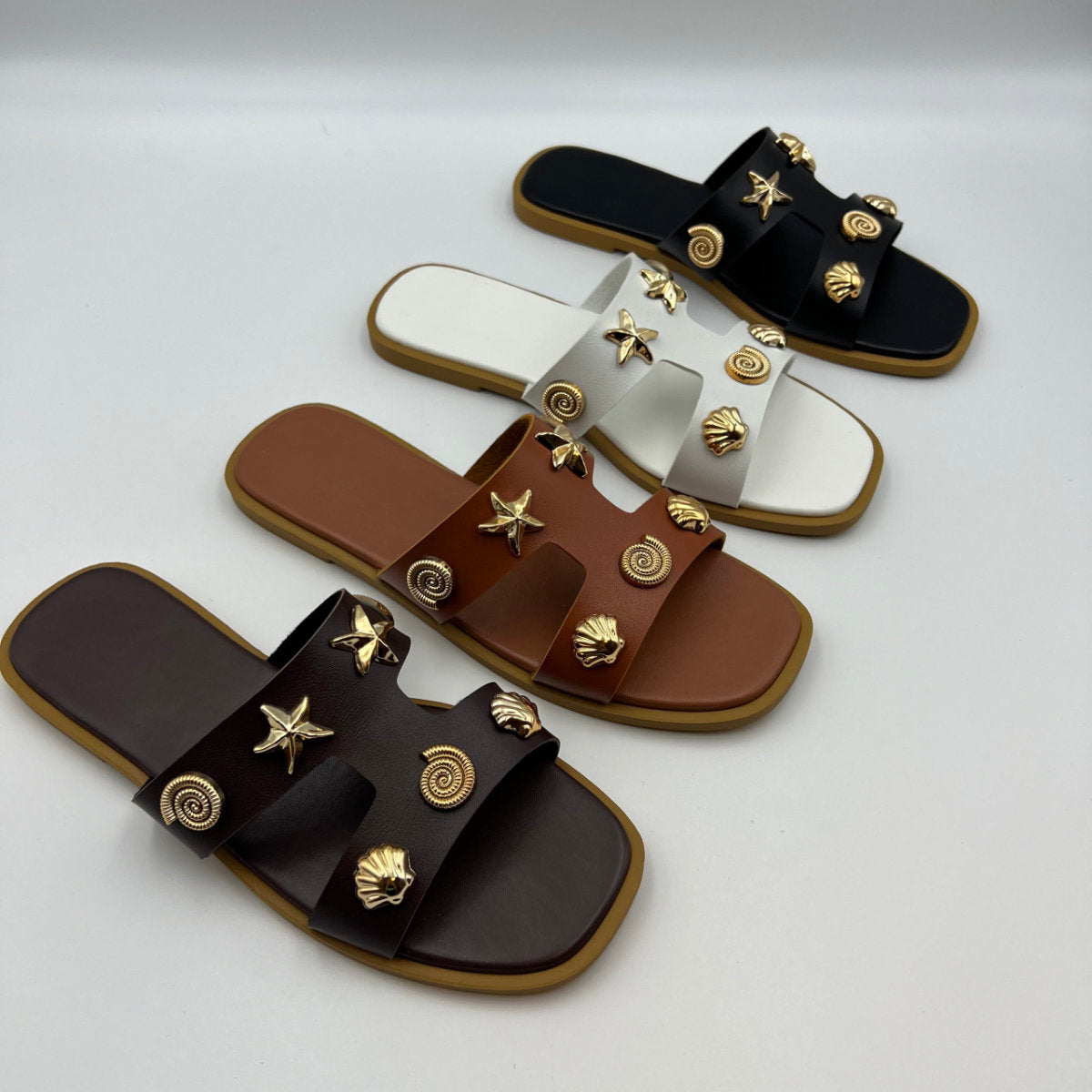 Women Nautical Slide Sandals, Retro Square Toe Double Strap Flat Slippers With Metal Starfish & Shell Decor, Summer Beach Outdoor Slides