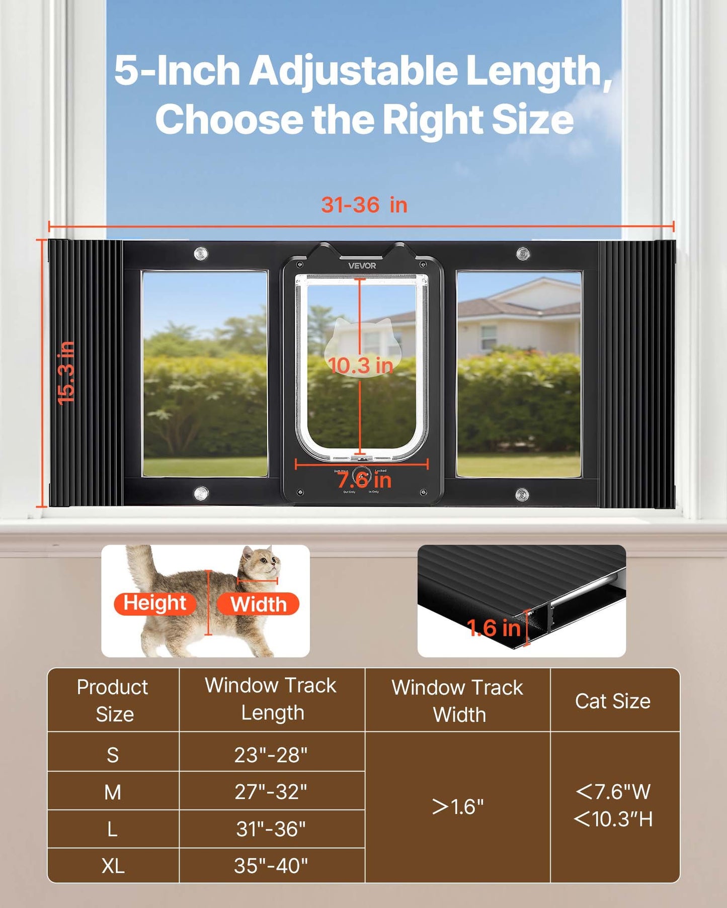 Cat Door For Window, Adjustable To Fit Window Width 31"-36", 4 Secure Lock Modes, Aluminum Frame And High-Transparency Glass, Magnetic Closure, Weatherproof Quick-Fit Pet Door For Cats, Black