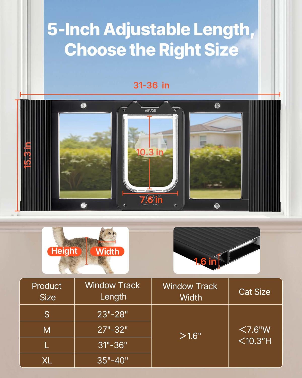 Cat Door For Window, Adjustable To Fit Window Width 31"-36", 4 Secure Lock Modes, Aluminum Frame And High-Transparency Glass, Magnetic Closure, Weatherproof Quick-Fit Pet Door For Cats, Black