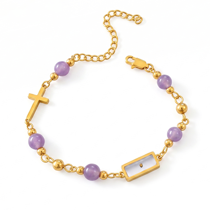 Real Mustard Seed Cross Bracelet For Women, 18K Gold Plated Stainless Steel Natural Stone Beads Bracelet, Religious Christian Faith Gift