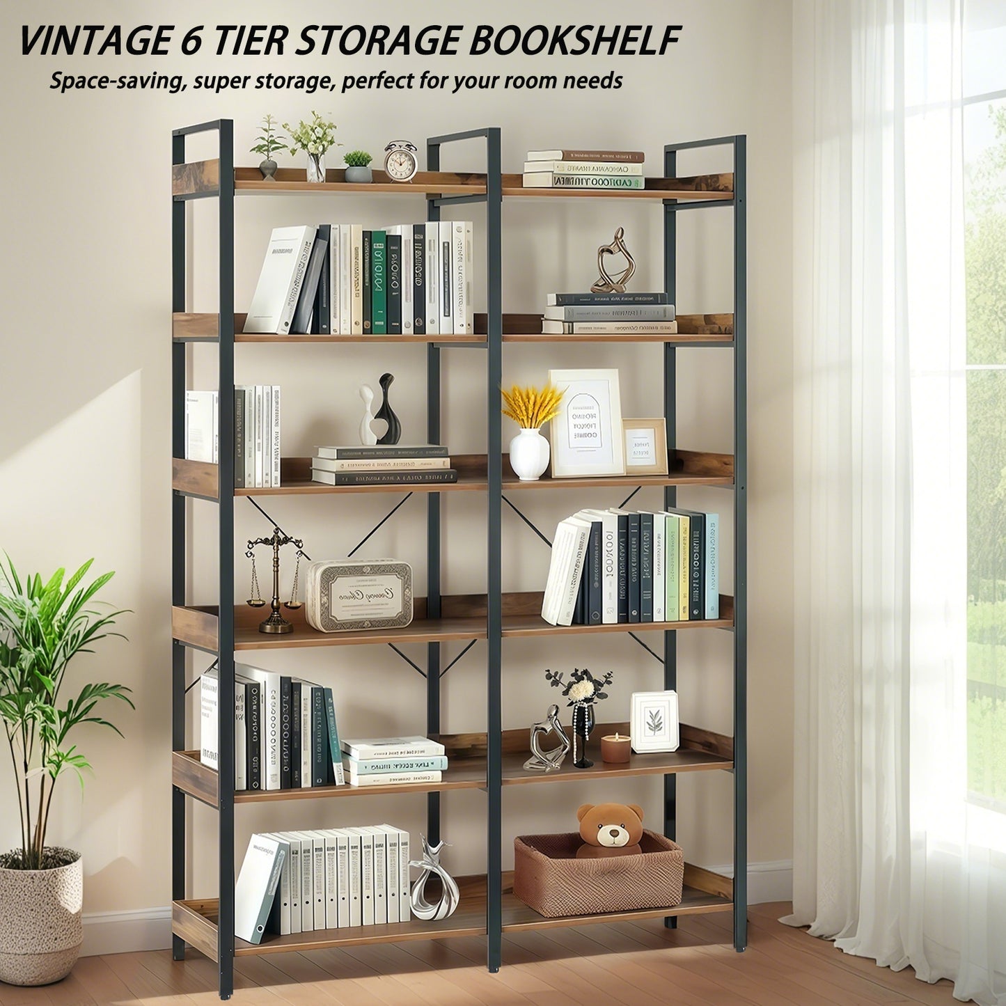 6-Tier Industrial Bookshelf, 67  Wooden Bookshelf With Open Shelves, Freestanding Metal Frame Bookcase For Storage And Display, Modern Book Shelves For Bedroom, Living Room And Home Office, Brown