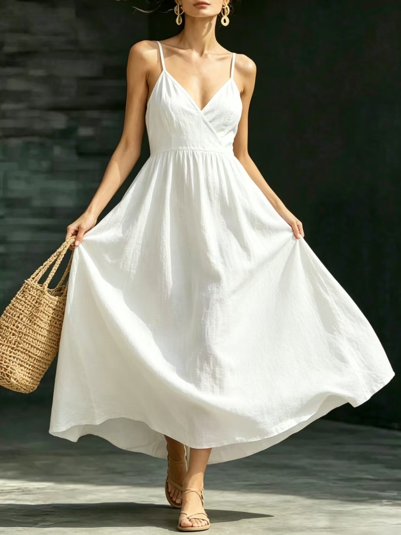 Summer V-Neck Spaghetti Strap Maxi Dress With Pockets - Elegant Vacation & Office Wear For Women