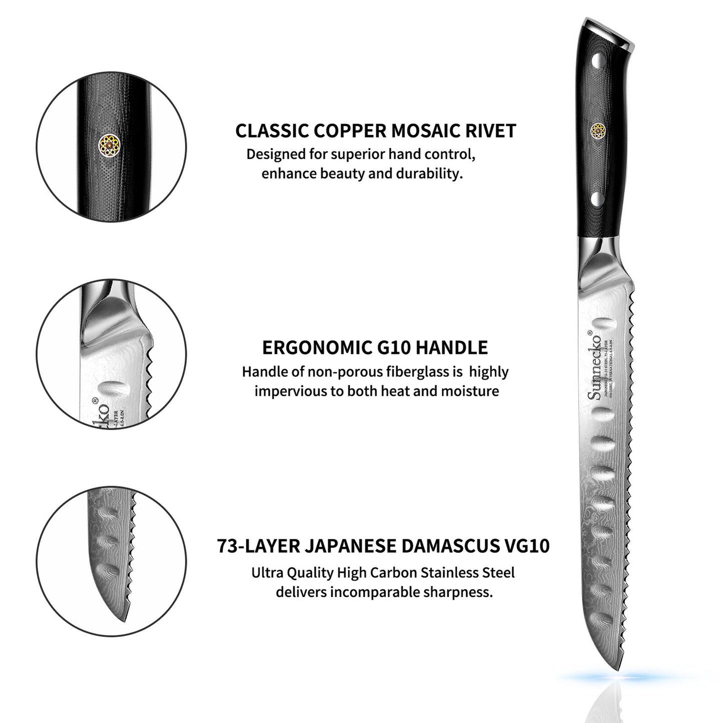 Sunnecko Serrated Bread Knife 8 Inch Damascus Steel Kitchen Sandwich Knife
