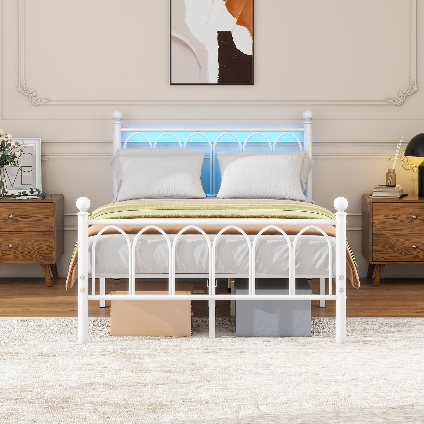 120x200cm Metal Bed Frame With Vintage Head And Footplate, USB Charging Dock, LED Bed Frame, Heavy Duty Steel Slat Support, Range Underbed Storage, No Box Spring Required, White