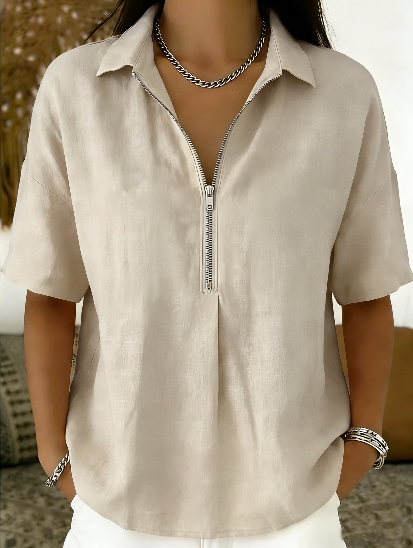 Womens Fashion Solid-color Zip-up Short-sleeve T-shirt