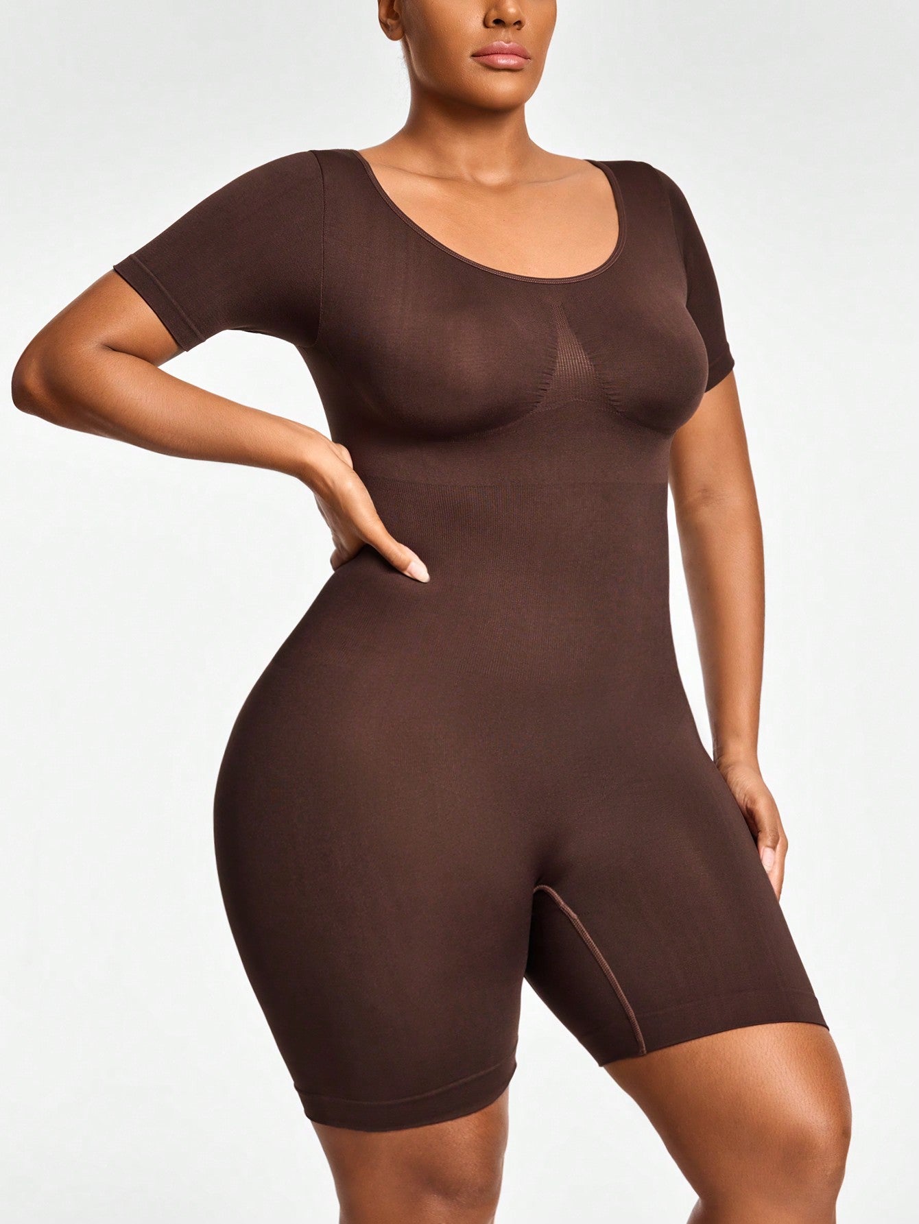 Full Body Shapewear Bodysuit With Short Sleeves Bust Lift Arm Control Tummy Waist Thigh Slimming