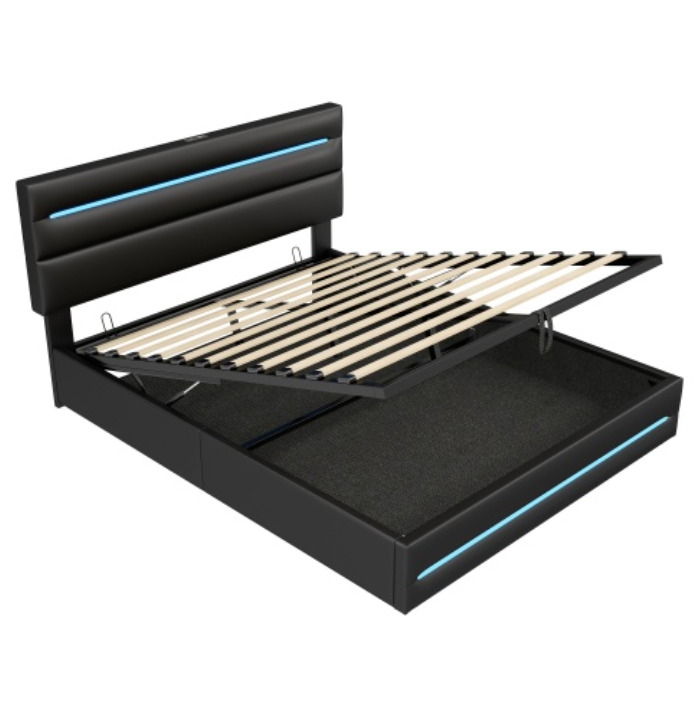 5ft King Upholstered Bed Frame With Hydraulic Storage, PU Ottoman Bed With LED Lighting And Charging Station, LED Adjustable Headboard With USB And Type - C Ports, Black