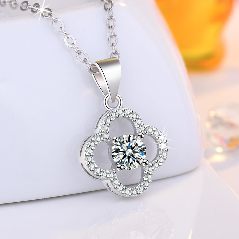 Korean-style Trendy Mill Moissanite Four-leaf Clover Diamond Hollow Lucky Daily All-match Necklace Pendant Gift For Girlfriend