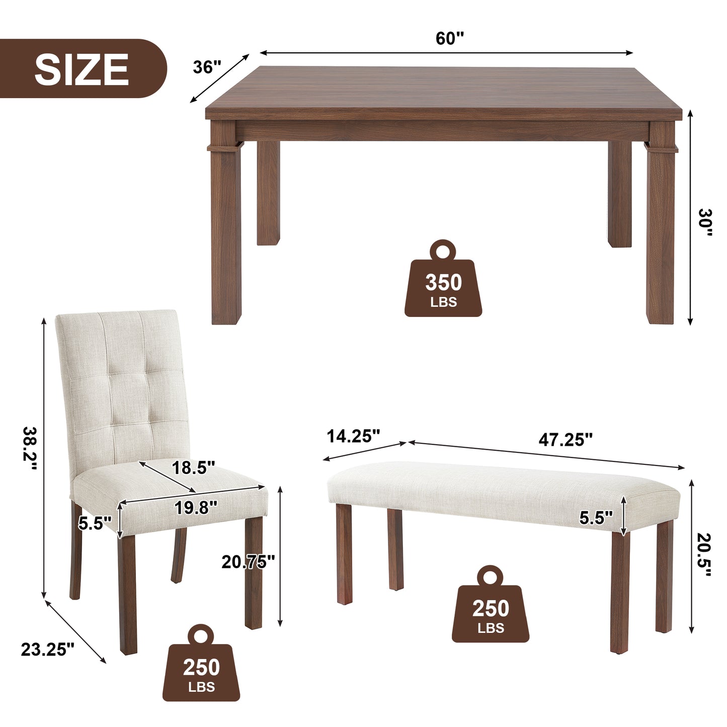 6-Piece Modern Dining Set, Rectangle Kitchen Table With 4 Upholstered Chairs & Bench, Ideal For Dining Room And Living Room,  Easy Assembly, Space Saving