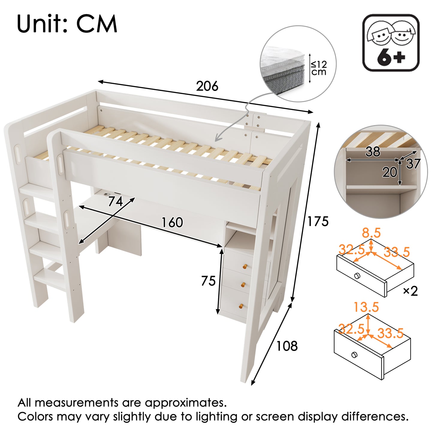 Loft Bed With L-shaped Desk, Shelves And Drawers With USB Type-C Charging Area, Youth Single Bed With Ladder And Wooden Slatted Base, 90x200cm, White, Without Mattress.
