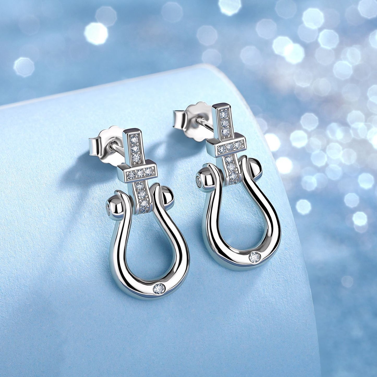 S925 Sterling Silver Cross Horseshoe Earrings, D-VVS1 Moissanite, Platinum Plated 3g, Elegant Women's Jewelry Gift Box Set