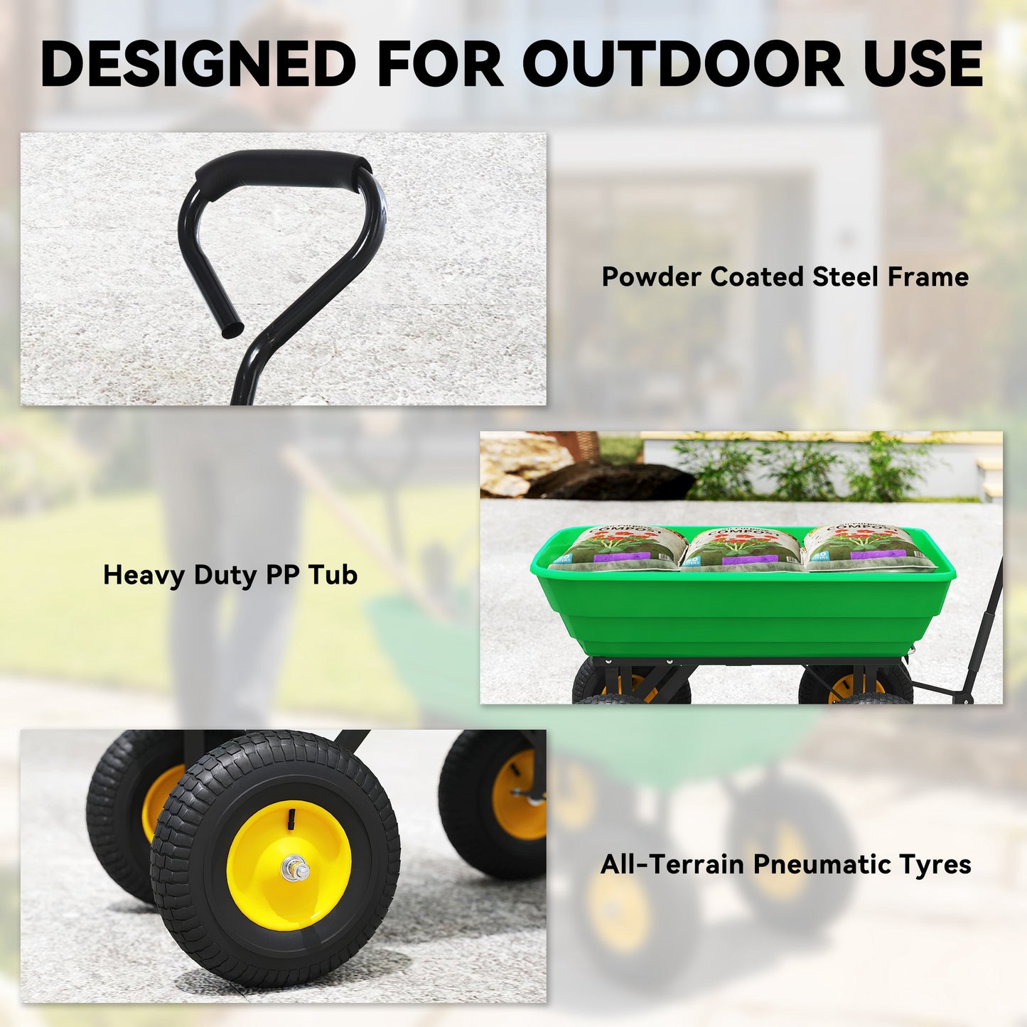 75 Litre Large Garden Cart, Tipping Wheelbarrows Heavy Duty Garden Dump Trolley 200kg Capacity For Festivals, Tools, Plants, Logs - Green