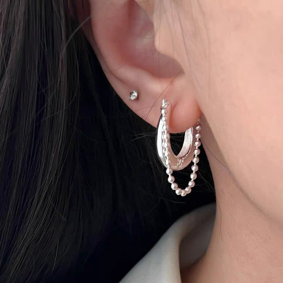 1 Pair 999 Sterling Silver Beaded Chain Hoop Earrings, Minimalist Style, Perfect For Daily Wear And Valentine's Gift