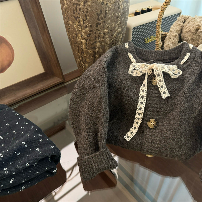 Korean-style Baby Ruffled Forest-themed Knit Sweater Autumnwinter Lace-trimmed Tie-up Sweater For Little Girls