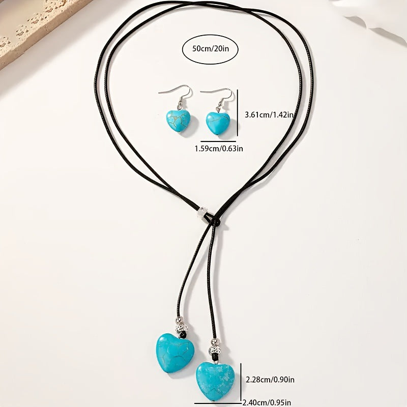 Korean-style Leather Choker Long Necklace And Earrings Set For Women