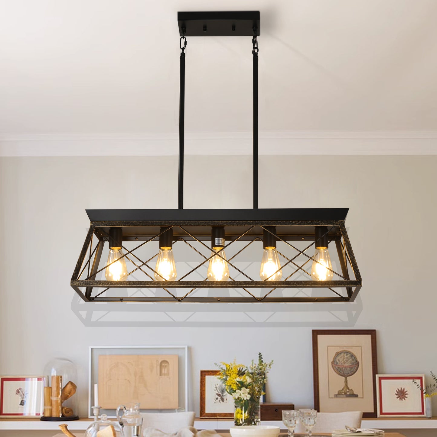 32in  Black Gold Industrial 5-Light Pendant Chandelier, Modern Metal Cage Design, Adjustable Hanging Light For Dining Room, Kitchen, Living Room  No Bulbs