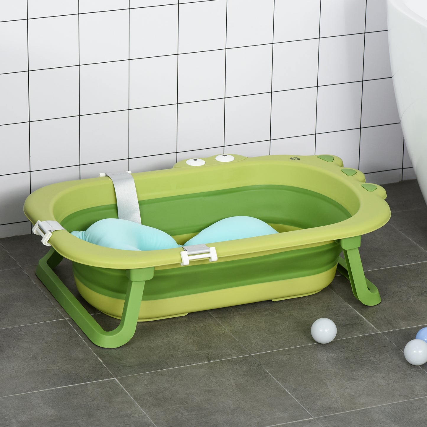 Baby Bath Tub For Toddler Kids Infant Ergonomic Foldable Secure Non-Slip Portable With Baby Cushion For 0-3 Years Green
