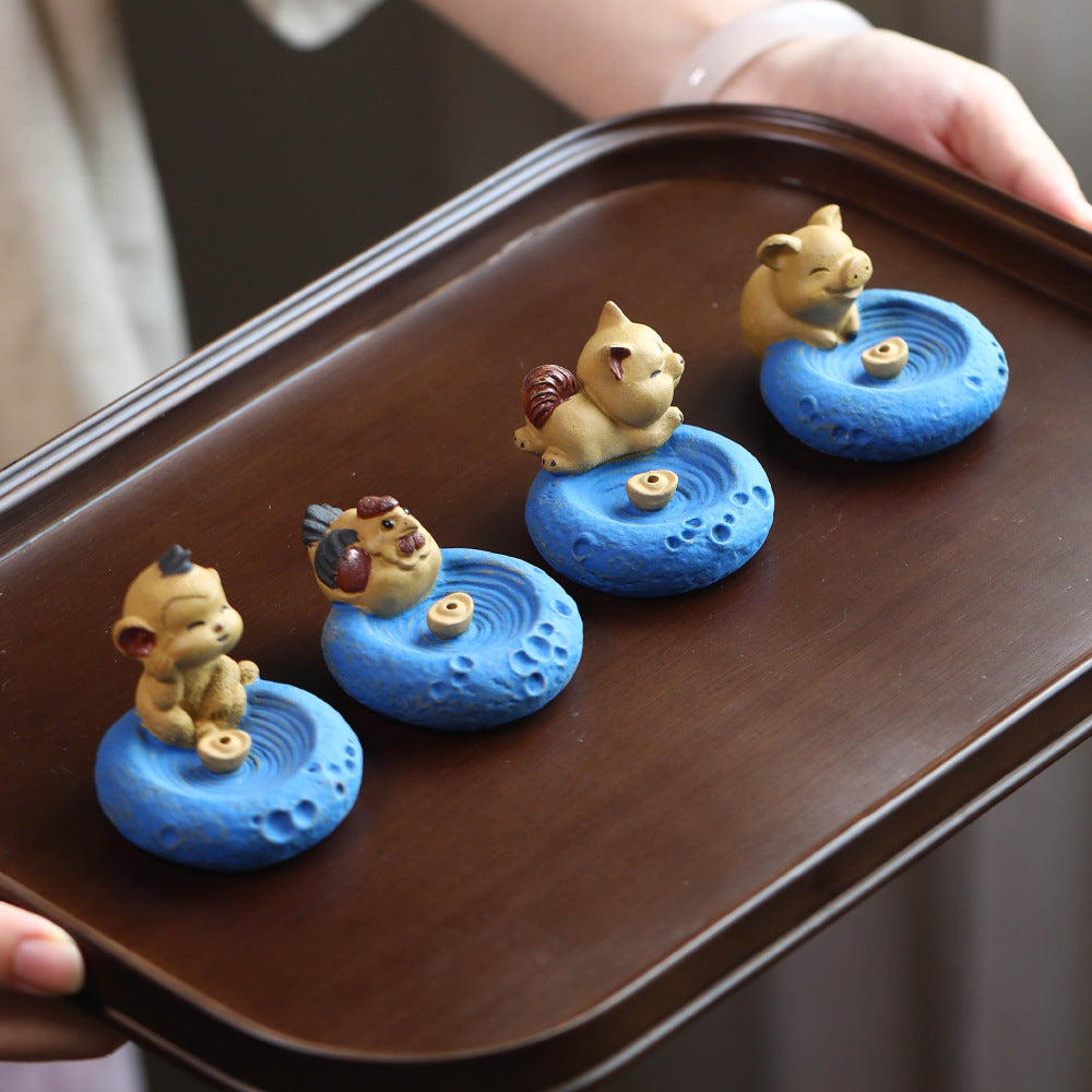 Purple Clay Tea Pet Sheep Ornament Handmade Zodiac Incense Holder