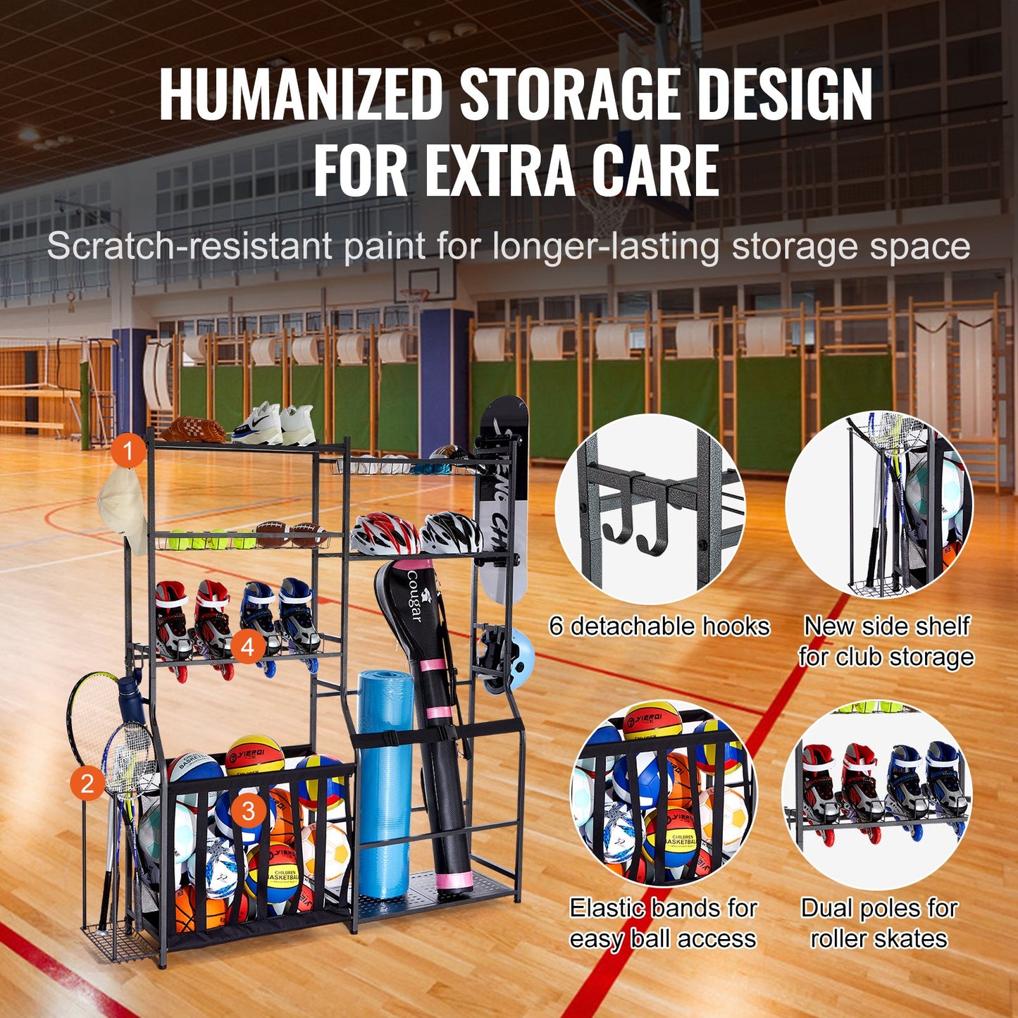 Golf Storage Garage Organizer, 2 Golf Bag Storage Stand Holder And Other Sports Equipment Storage Rack, Outdoor Steel Ball Cart, Sports Gear And Toys Storage Shelves With Baskets & Hooks, Black