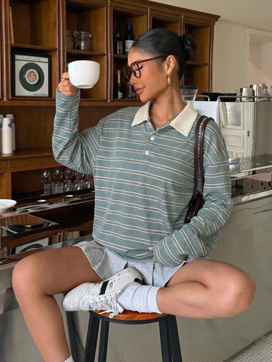 New FallWinter Womens Striped Casual Sweatshirt With Buttons And A Polo Neck