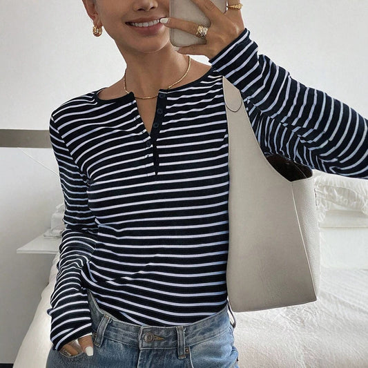 Striped Loose-Fit Long-Sleeve T-Shirt Casual Fashion Top For Women