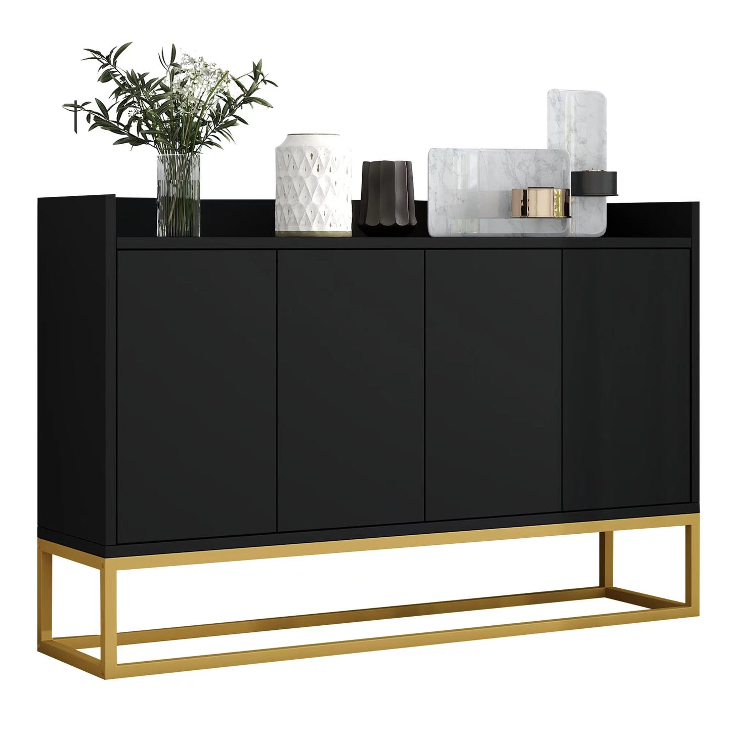 Modern Minimalist Style Sideboard 4-Door Handleless Buffet Cabinet For Dining Room, Living Room, Kitchen  Black
